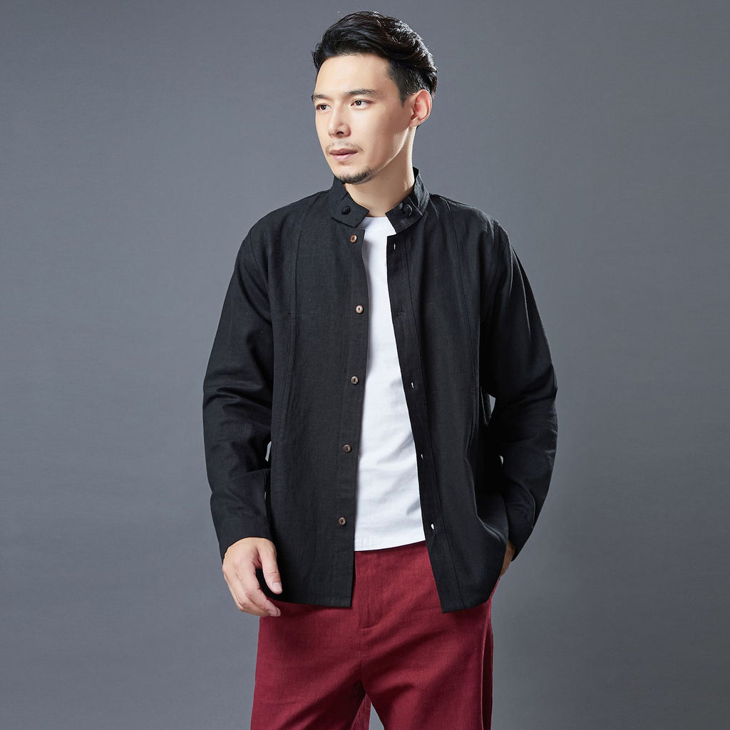 Men Asian Style Linen and Cotton Long Sleeve Stand Collar Jacket