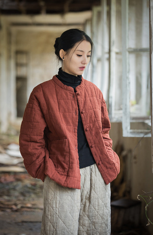 2024 Winter NEW! Casual Style Women Linen and Cotton Grid Quilted Coat