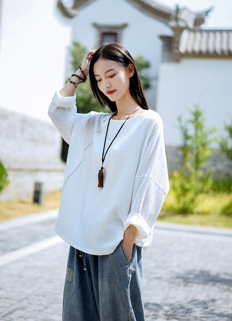 Retro Asian Style Women Cotton And Linen Round Neck Loose, 50% OFF