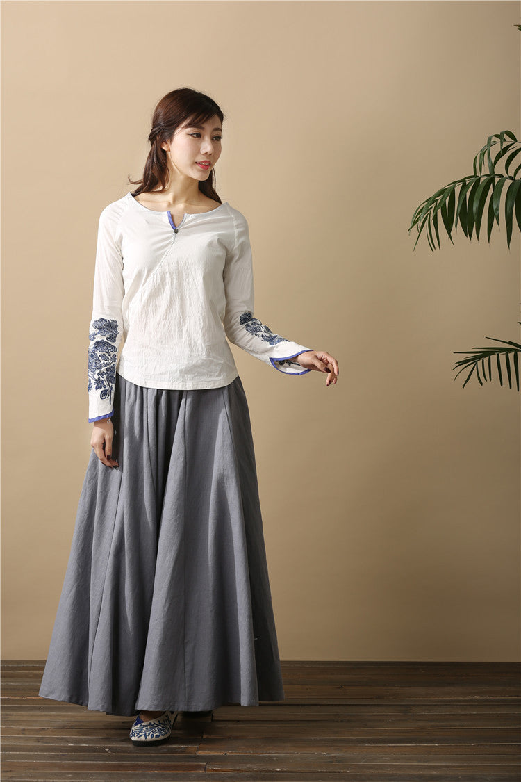 Aueoeo Cotton Linen Skirt Women's Round Neck Loose Casual Solid