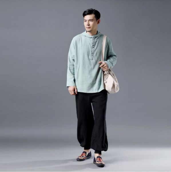 Men Casual Pullover Linen and Cotton Hoodies Top