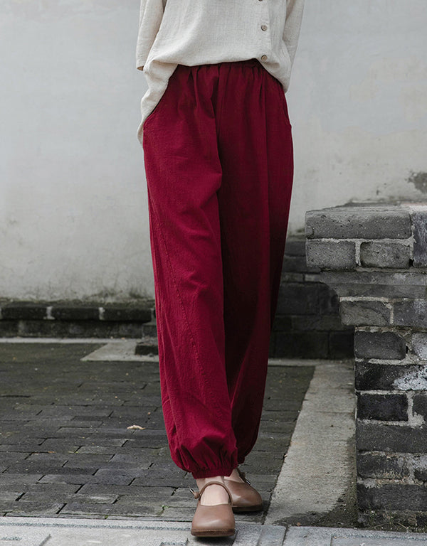 Women Retro Causal Lantern Style Linen and Cotton Patchwork Pants