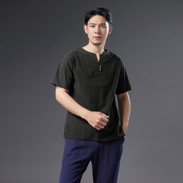 Men Causal Round Neck Style Linen and Cotton Short Sleeve Tops