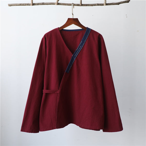 Women V-necked Zen Style Linen and Cotton Long Sleeves Cardigan Shirt