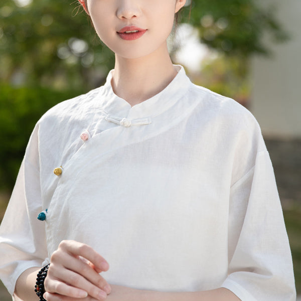 2022 Summer NEW! Women Chinese Ethnic Style Linen and Cotton Mid-length Sleeves Shirt