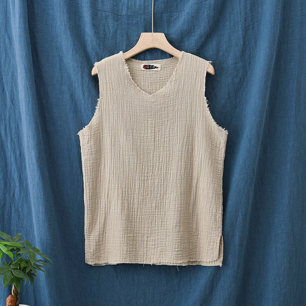 Women Linen and Cotton Sleeveless Wrinkled T-Shirt