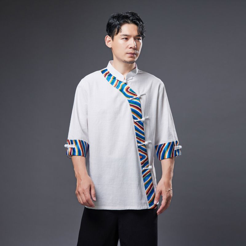 Chinese Style Men Shirt 3/4 Sleeve Solid Casual Streetwear Man Cotton Linen  Hanfu Blouse Men Clothes 2023 New Koran Summer Top