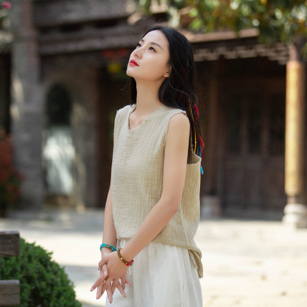 Women Linen and Cotton Sleeveless Wrinkled T-Shirt