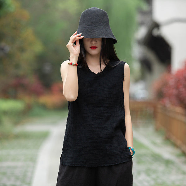 Women Linen and Cotton Sleeveless Wrinkled T-Shirt