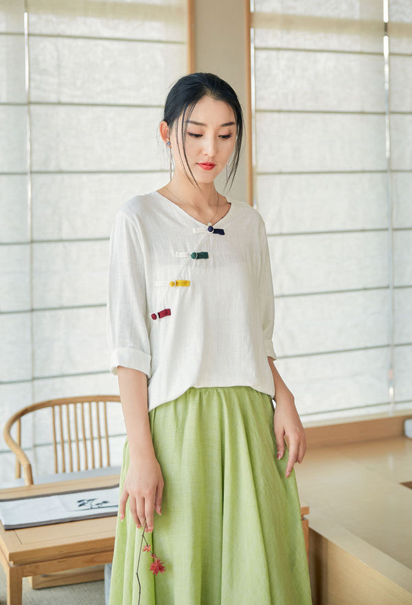 2022 Summer NEW! Women Eastern Style Linen and Cotton Mid Sleeve Shirt