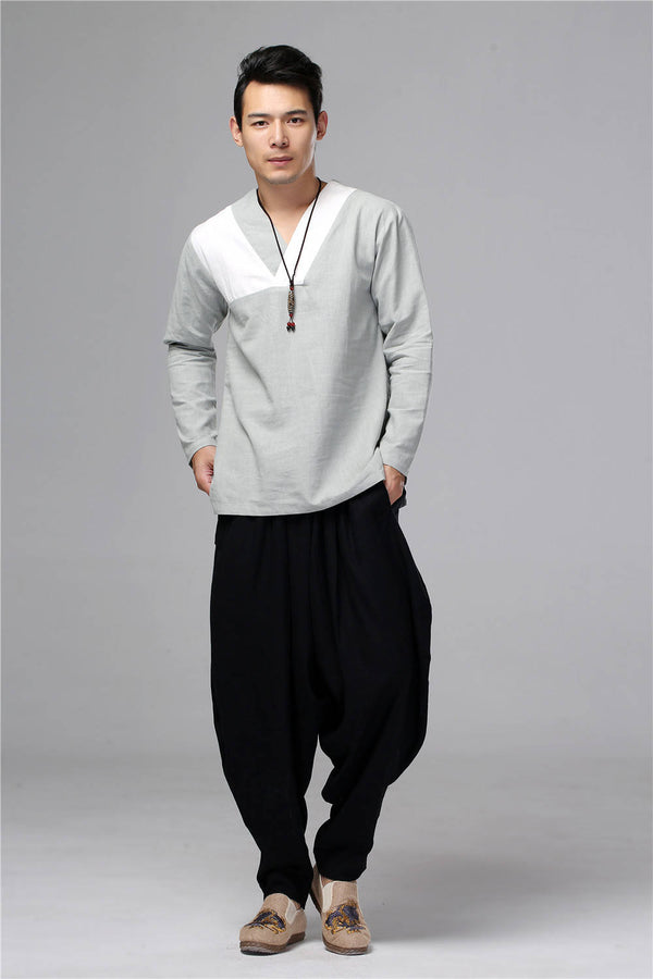 Men New Style Hangfu Tai Chi Style Linen and Cotton T-shirts Tops