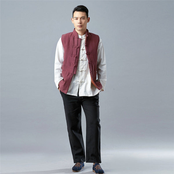 Men Asian Style Water-washed Pure Color Linen and Cotton Vest