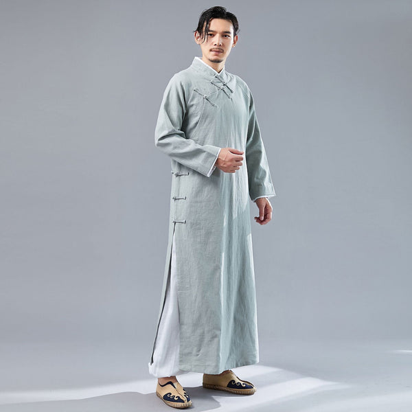 Men Modern Retro Asian Style Linen and Cotton Long Sleeved Cheongsam Long Shirts